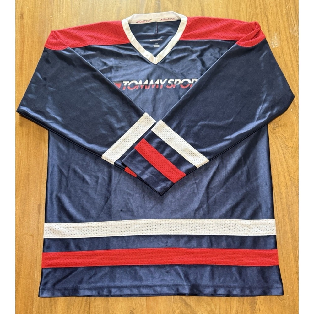 Vintage Tommy Hilfiger Sport Hockey Jersey Shirt Red White Blue USA 85 Large
